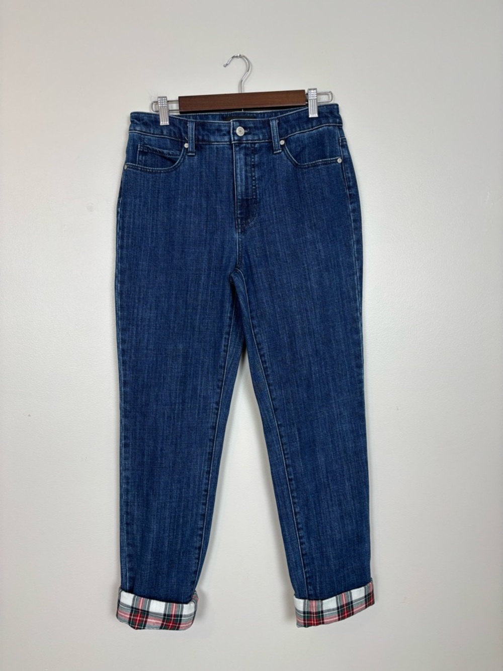 Talbots Jeans Womens 4 Tartan Plaid Cuff Everday Relaxed Denim in Dark Blue